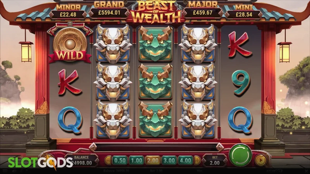 Tampilan visual slot Beast of Wealth dengan tema kuil Tiongkok