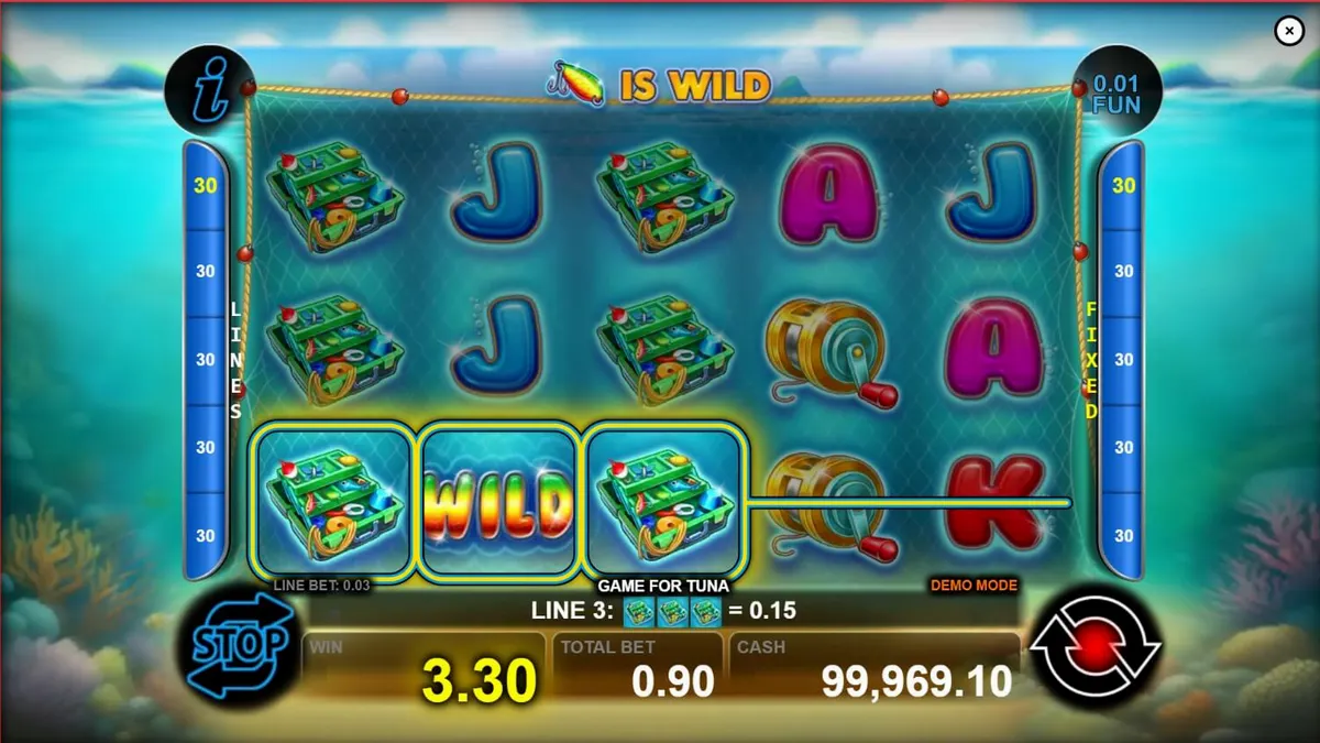Pemandangan bawah laut yang memukau dalam slot Game for Tuna dengan simbol ikan tuna dan peralatan memancing.