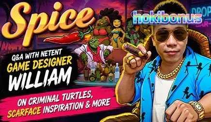 Tampilan visual slot Spice yang menampilkan karakter kura-kura bergaya mafia di latar belakang pantai.